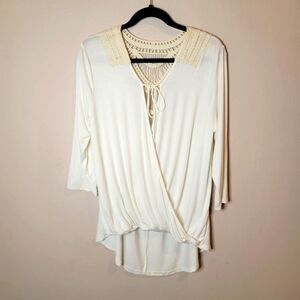 Umgee cream 3/4 sleeve Crochet insert front cross over Draped boho Bohemian  top